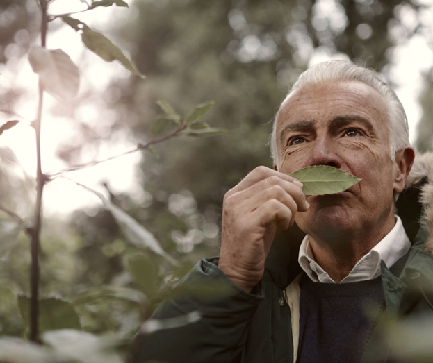 Older gentleman smelling a leaf outdoors